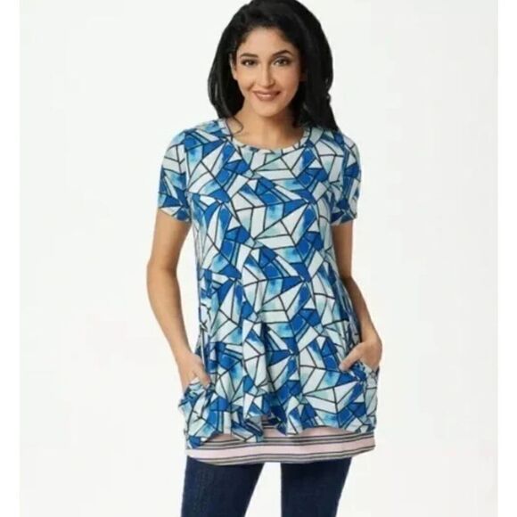 LOGO LORI GOLDSTEIN Abstract Printed Top With Pockets & Striped Tank Twin Set  W - Picture 1 of 8